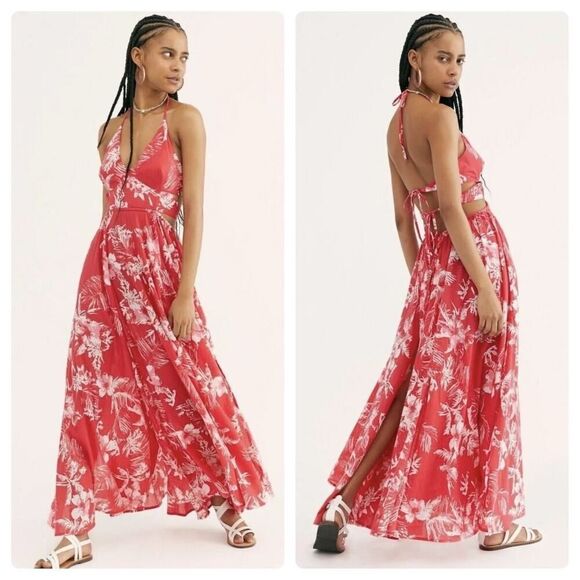Free People Lille Halter Maxi Dress Raspberry Red Floral Cutout Sz S Cotton - Picture 2 of 15